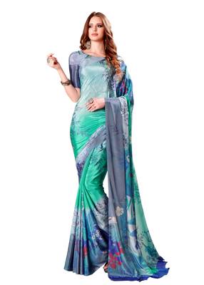 Turquoise printed crepe saree with blouse 1