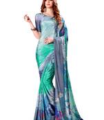 Turquoise printed crepe saree with blouse