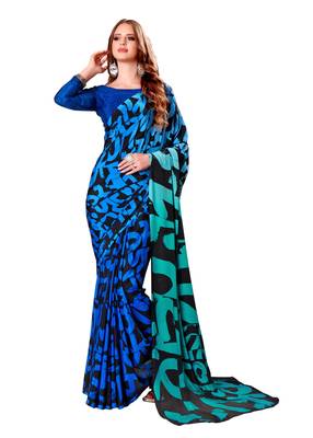 Blue printed crepe saree with blouse 1