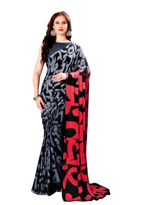 Black printed crepe saree with blouse 1