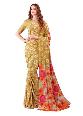 Gold printed crepe saree with blouse 1