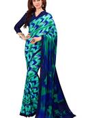 Blue printed crepe saree with blouse