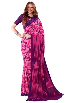 Pink printed crepe saree with blouse 1
