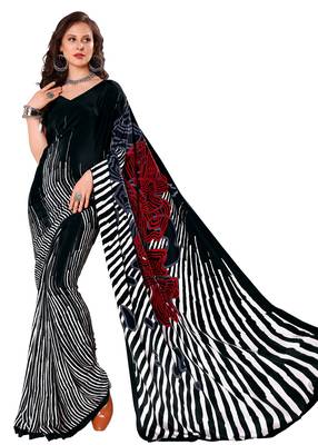 Black printed crepe saree with blouse 1