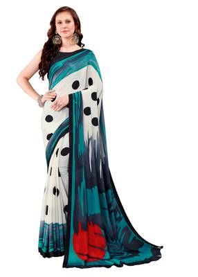 White printed crepe saree with blouse 1