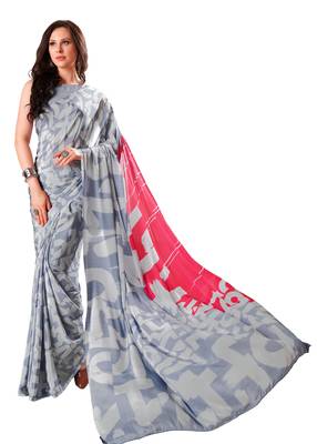 Grey printed crepe saree with blouse 1
