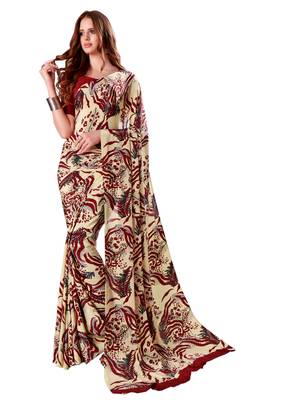Beige printed crepe saree with blouse 1