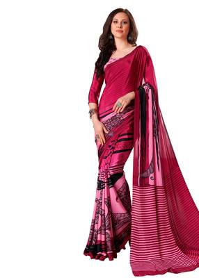Pink printed crepe saree with blouse 1