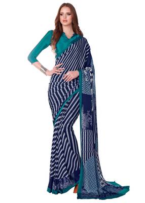 Turquoise printed crepe saree with blouse 1