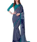 Turquoise printed crepe saree with blouse