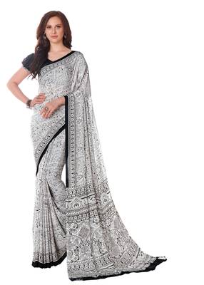 White printed crepe saree with blouse 1