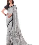 White printed crepe saree with blouse