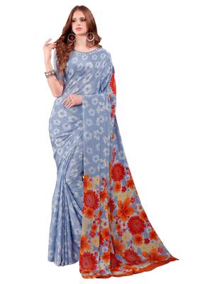 Light electric blue
 printed crepe saree with blouse 1