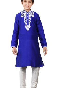 Long Sleeves Blue Art Silk Kid Boy Kurta Pajama 