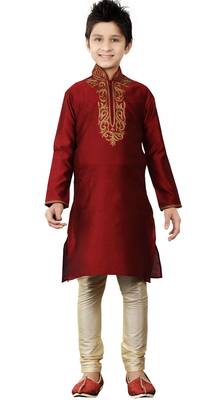 Art silk Dupion Maroon Kid Boy Churidar Kurta 1