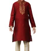 Art silk Dupion Maroon Kid Boy Churidar Kurta