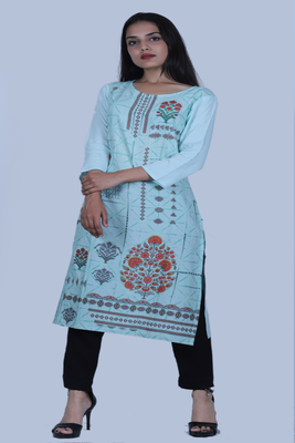 Sky-blue printed rayon ethnic-kurtis 1