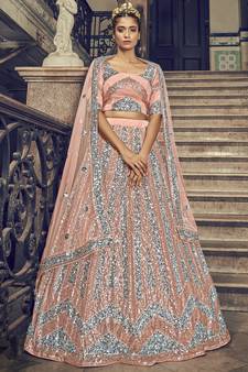 PEACH SEQUINS EMBROIDERED NET SEMI STITCHED BRIDAL LEHENGA