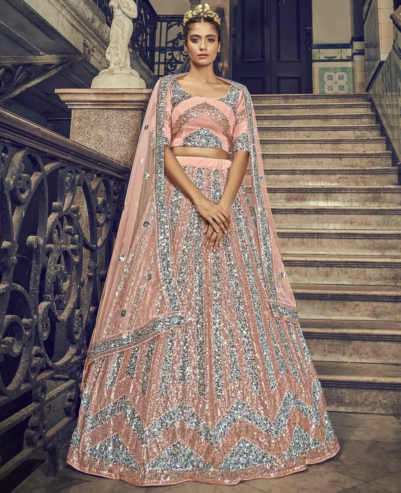 PEACH SEQUINS EMBROIDERED NET SEMI STITCHED BRIDAL LEHENGA
