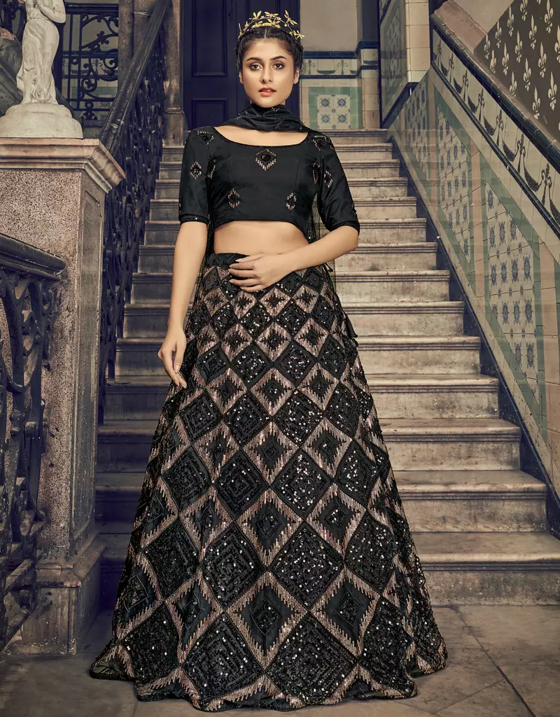 BLACK SEQUINS EMBROIDERED NET SEMI STITCHED BRIDAL LEHENGA