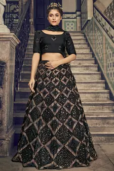 BLACK SEQUINS EMBROIDERED NET SEMI STITCHED BRIDAL LEHENGA