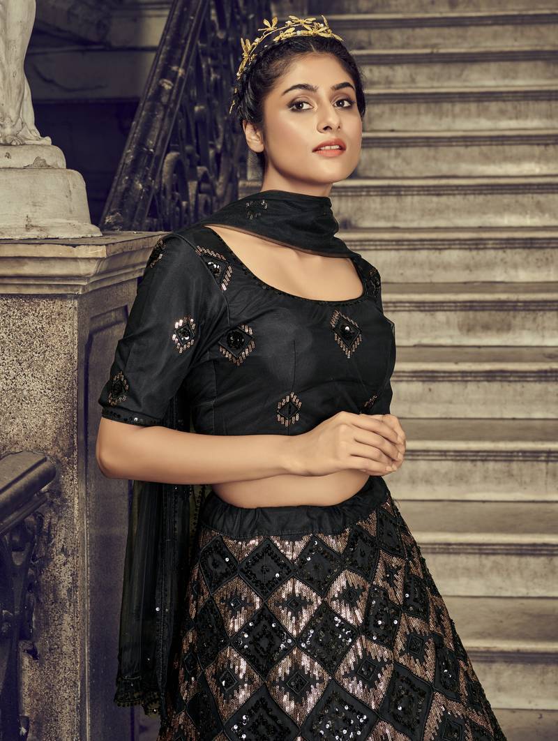 BLACK SEQUINS EMBROIDERED NET SEMI STITCHED BRIDAL LEHENGA