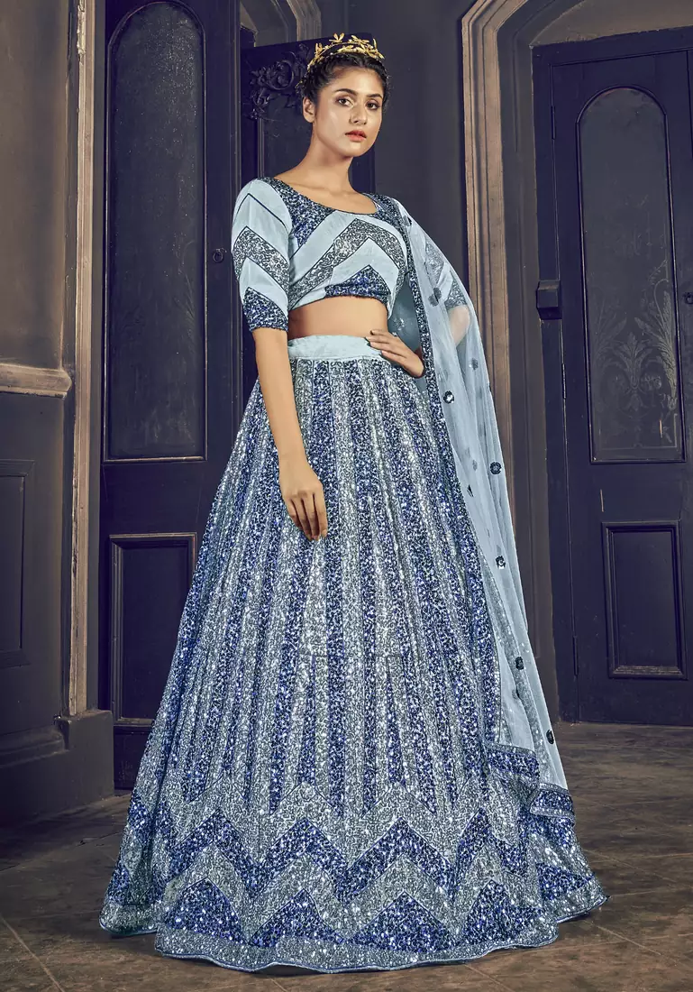 GREY SEQUINS EMBROIDERED NET SEMI STITCHED BRIDAL LEHENGA