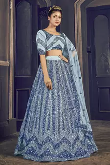 GREY SEQUINS EMBROIDERED NET SEMI STITCHED BRIDAL LEHENGA