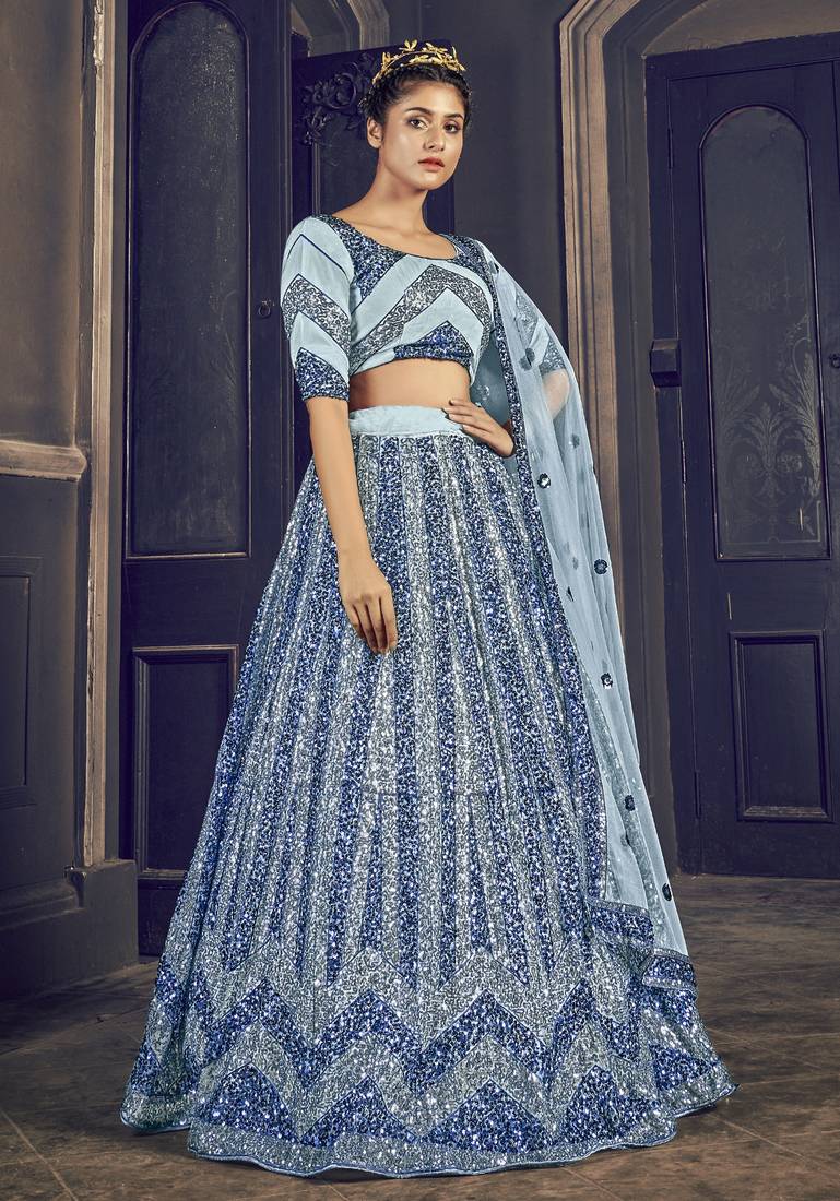 GREY SEQUINS EMBROIDERED NET SEMI STITCHED BRIDAL LEHENGA