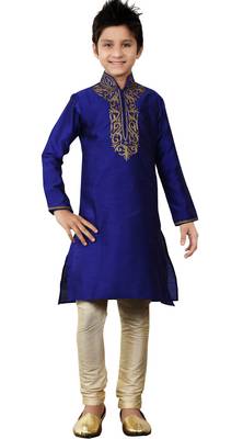 Blue art silk Dupion Kid Boy Kurta With Churidar Bottom  1