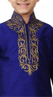 Blue art silk Dupion Kid Boy Kurta With Churidar Bottom  2
