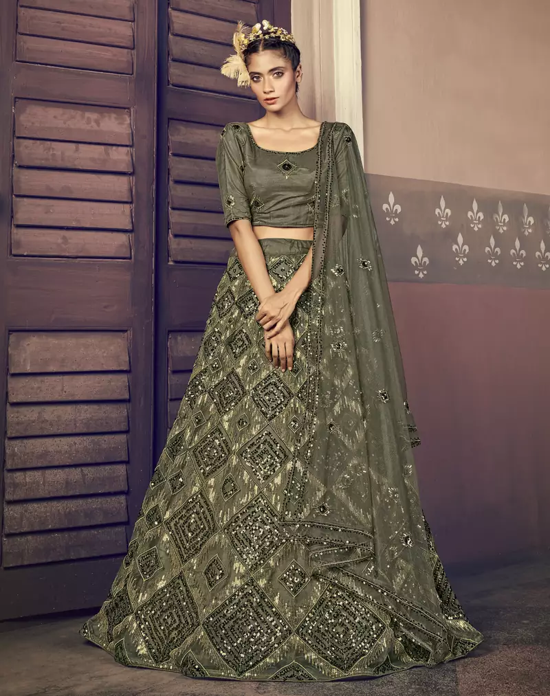 OLIVE-GREEN SEQUINS EMBROIDERED NET SEMI STITCHED BRIDAL LEHENGA