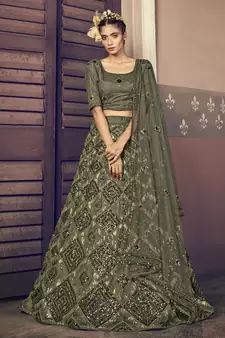 OLIVE-GREEN SEQUINS EMBROIDERED NET SEMI STITCHED BRIDAL LEHENGA