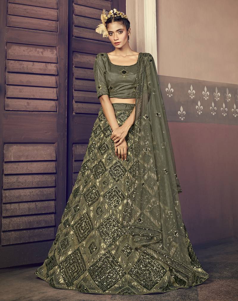 OLIVE-GREEN SEQUINS EMBROIDERED NET SEMI STITCHED BRIDAL LEHENGA