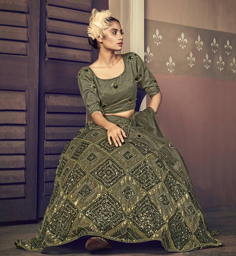 OLIVE-GREEN SEQUINS EMBROIDERED NET SEMI STITCHED BRIDAL LEHENGA