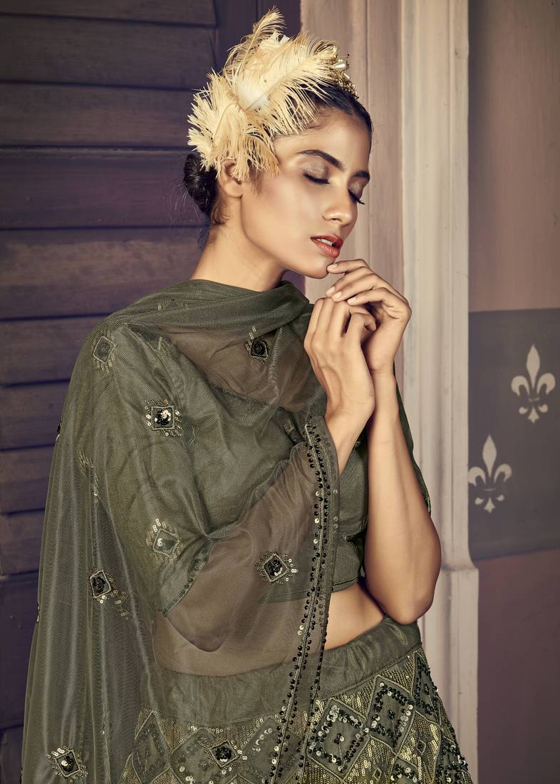 OLIVE-GREEN SEQUINS EMBROIDERED NET SEMI STITCHED BRIDAL LEHENGA