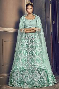 TURQUOISE-BLUE SEQUINS EMBROIDERED NET SEMI STITCHED BRIDAL LEHENGA