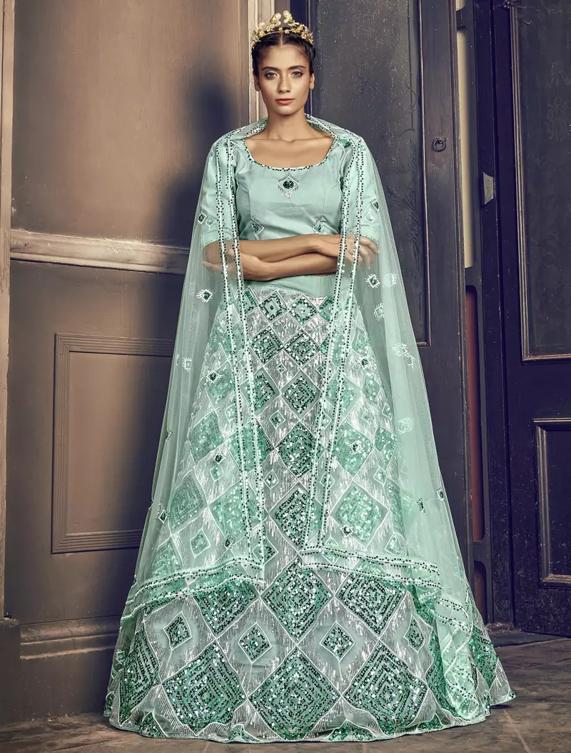 TURQUOISE-BLUE SEQUINS EMBROIDERED NET SEMI STITCHED BRIDAL LEHENGA