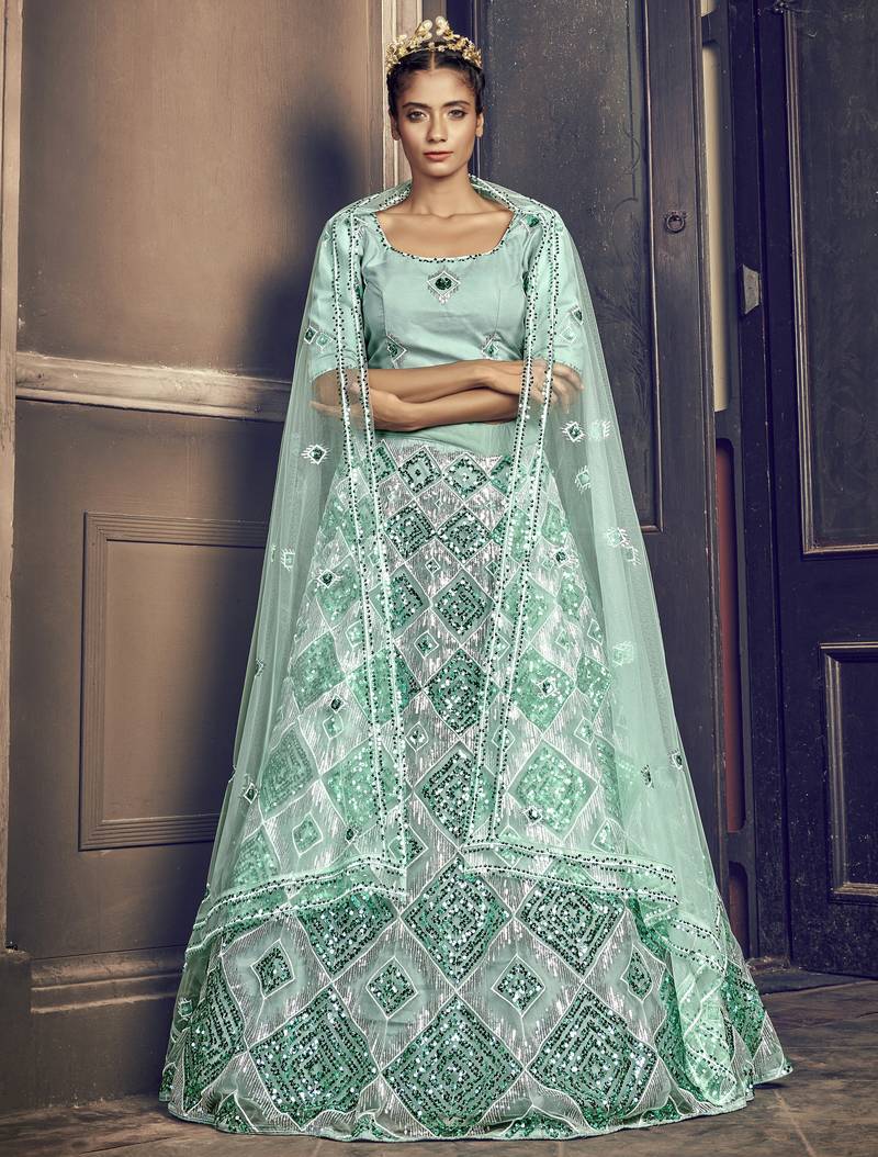TURQUOISE-BLUE SEQUINS EMBROIDERED NET SEMI STITCHED BRIDAL LEHENGA