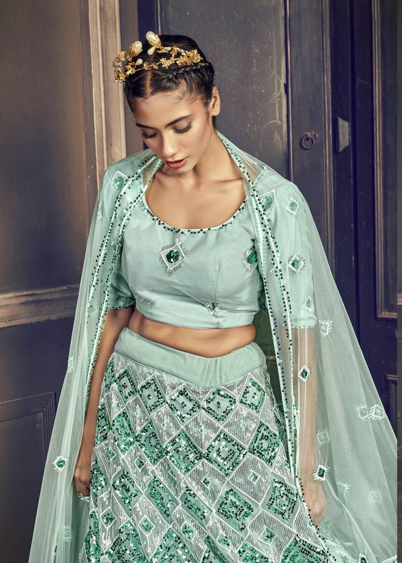 TURQUOISE-BLUE SEQUINS EMBROIDERED NET SEMI STITCHED BRIDAL LEHENGA