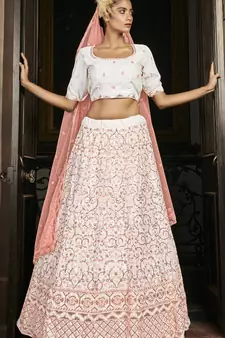 PEARL-WHITE SEQUINS EMBROIDERED GEORGETTE SEMI STITCHED BRIDAL LEHENGA