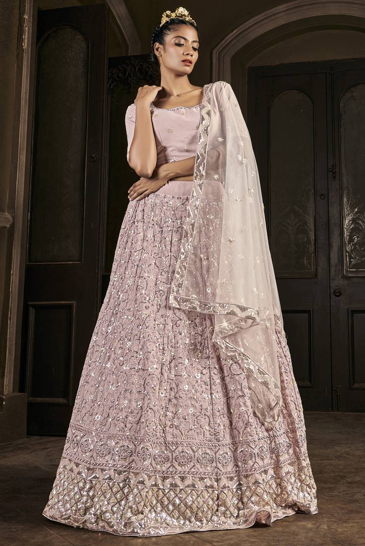 DUSTY-PINK SEQUINS EMBROIDERED GEORGETTE SEMI STITCHED BRIDAL LEHENGA