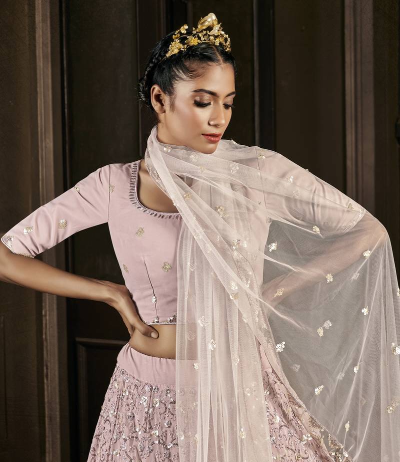 DUSTY-PINK SEQUINS EMBROIDERED GEORGETTE SEMI STITCHED BRIDAL LEHENGA