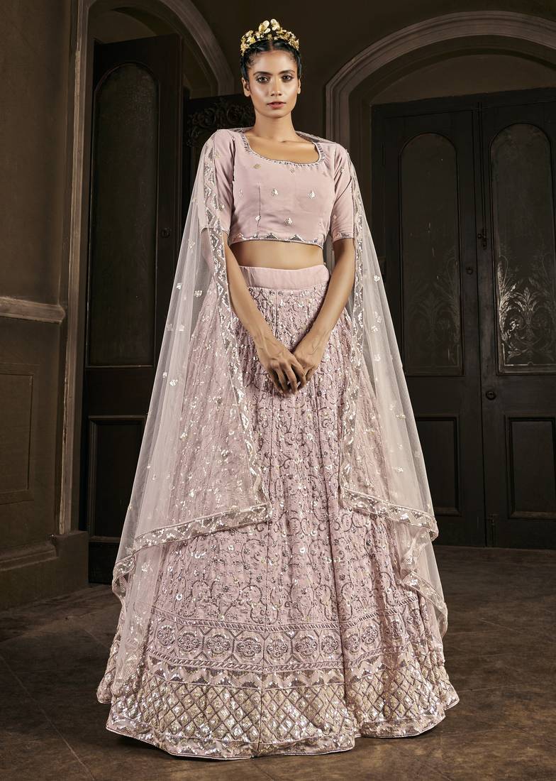 DUSTY-PINK SEQUINS EMBROIDERED GEORGETTE SEMI STITCHED BRIDAL LEHENGA