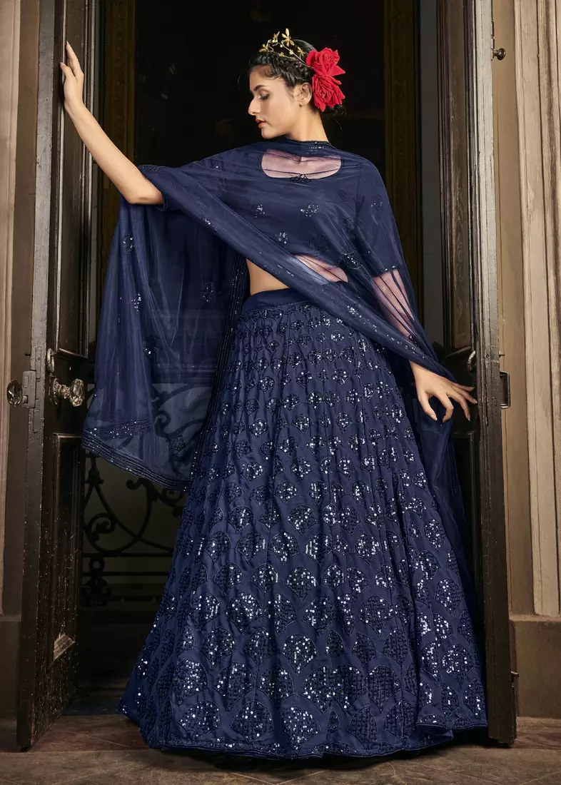 NAVY-BLUE SEQUINS EMBROIDERED GEORGETTE SEMI STITCHED BRIDAL LEHENGA