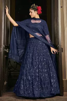 NAVY-BLUE SEQUINS EMBROIDERED GEORGETTE SEMI STITCHED BRIDAL LEHENGA
