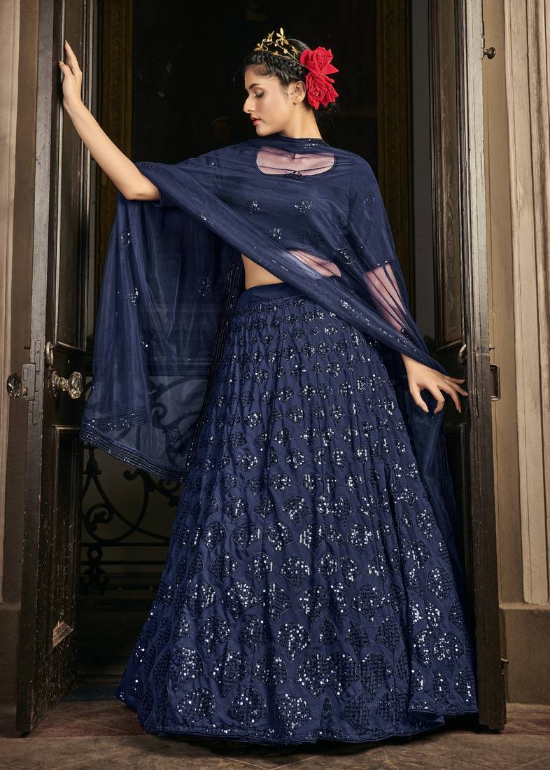 NAVY-BLUE SEQUINS EMBROIDERED GEORGETTE SEMI STITCHED BRIDAL LEHENGA