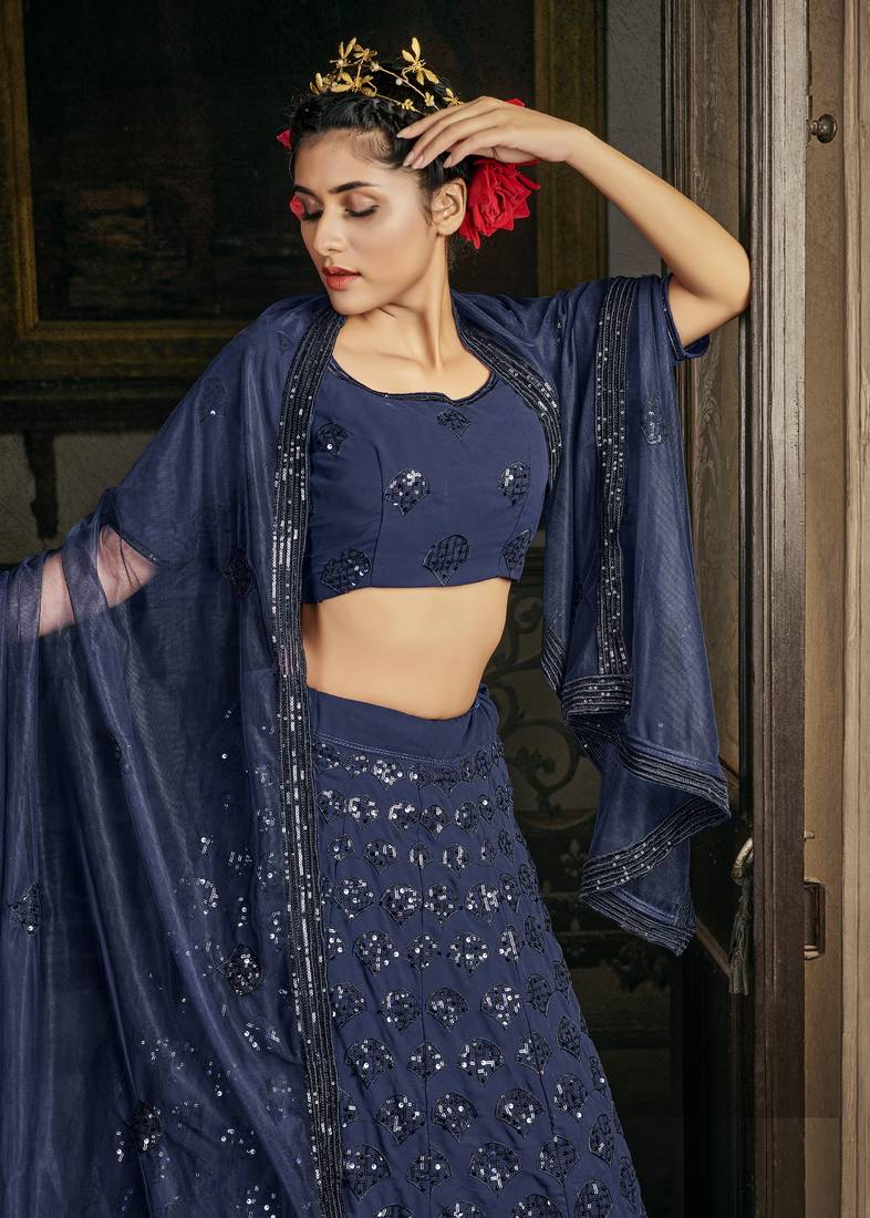 NAVY-BLUE SEQUINS EMBROIDERED GEORGETTE SEMI STITCHED BRIDAL LEHENGA