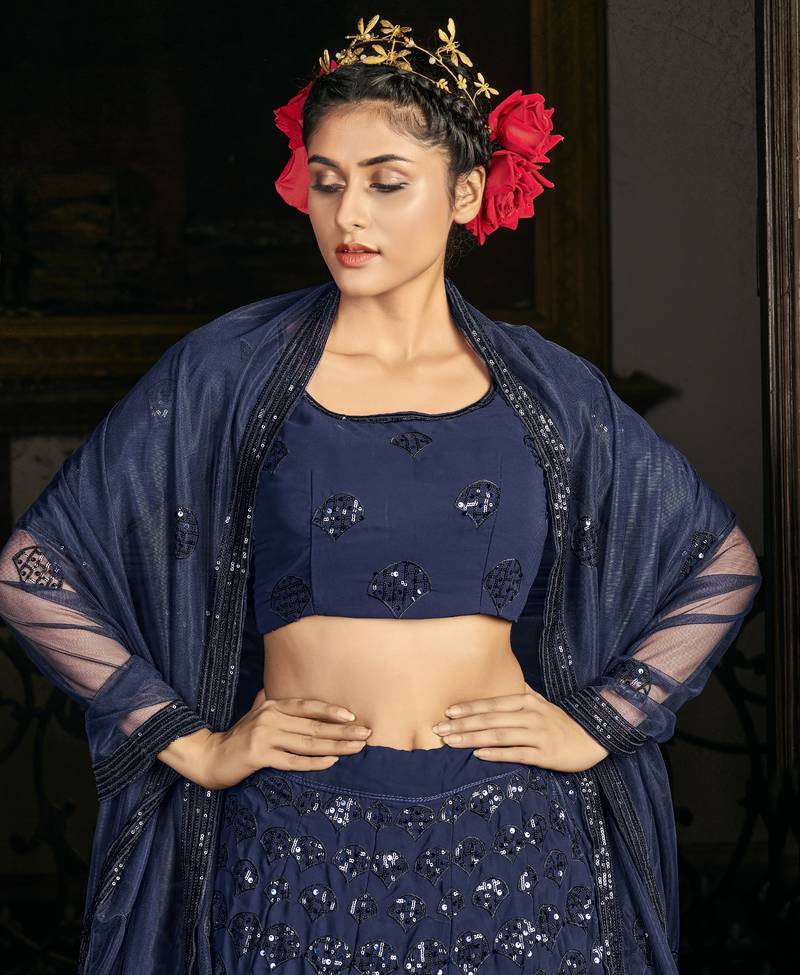 NAVY-BLUE SEQUINS EMBROIDERED GEORGETTE SEMI STITCHED BRIDAL LEHENGA