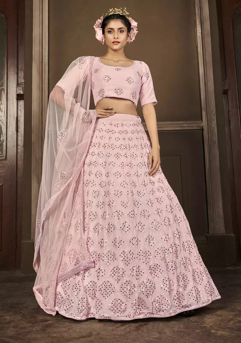 PINK SEQUINS EMBROIDERED GEORGETTE SEMI STITCHED BRIDAL LEHENGA